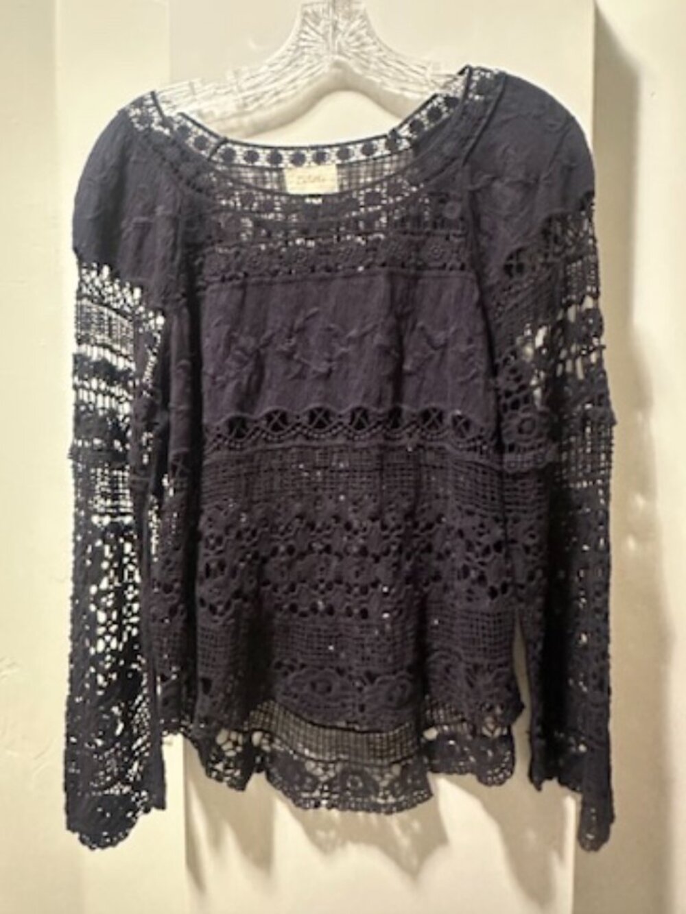 Navy blue crochet long sleeved shirt Anthro, small